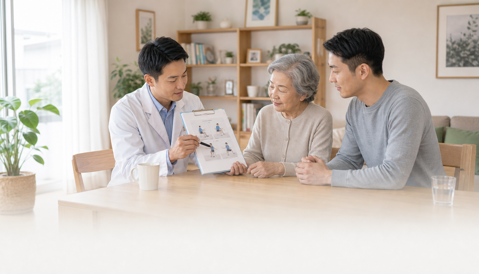 白袍治療師在家中向患者與家屬說明居家復健計畫